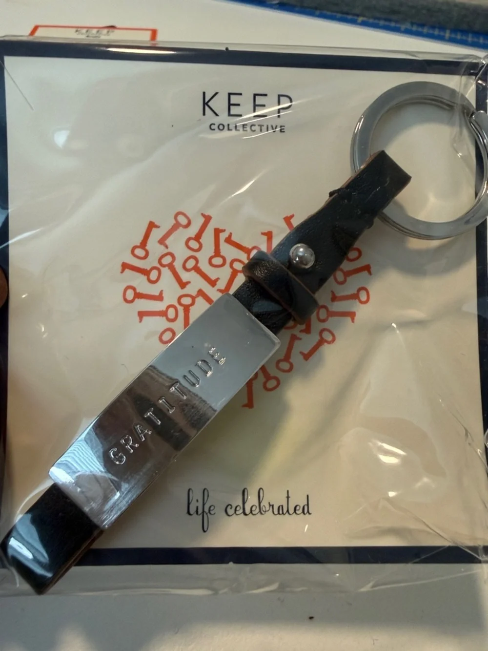 NIB Keep Collective Black Leather Key Fob with Gratitude Bar